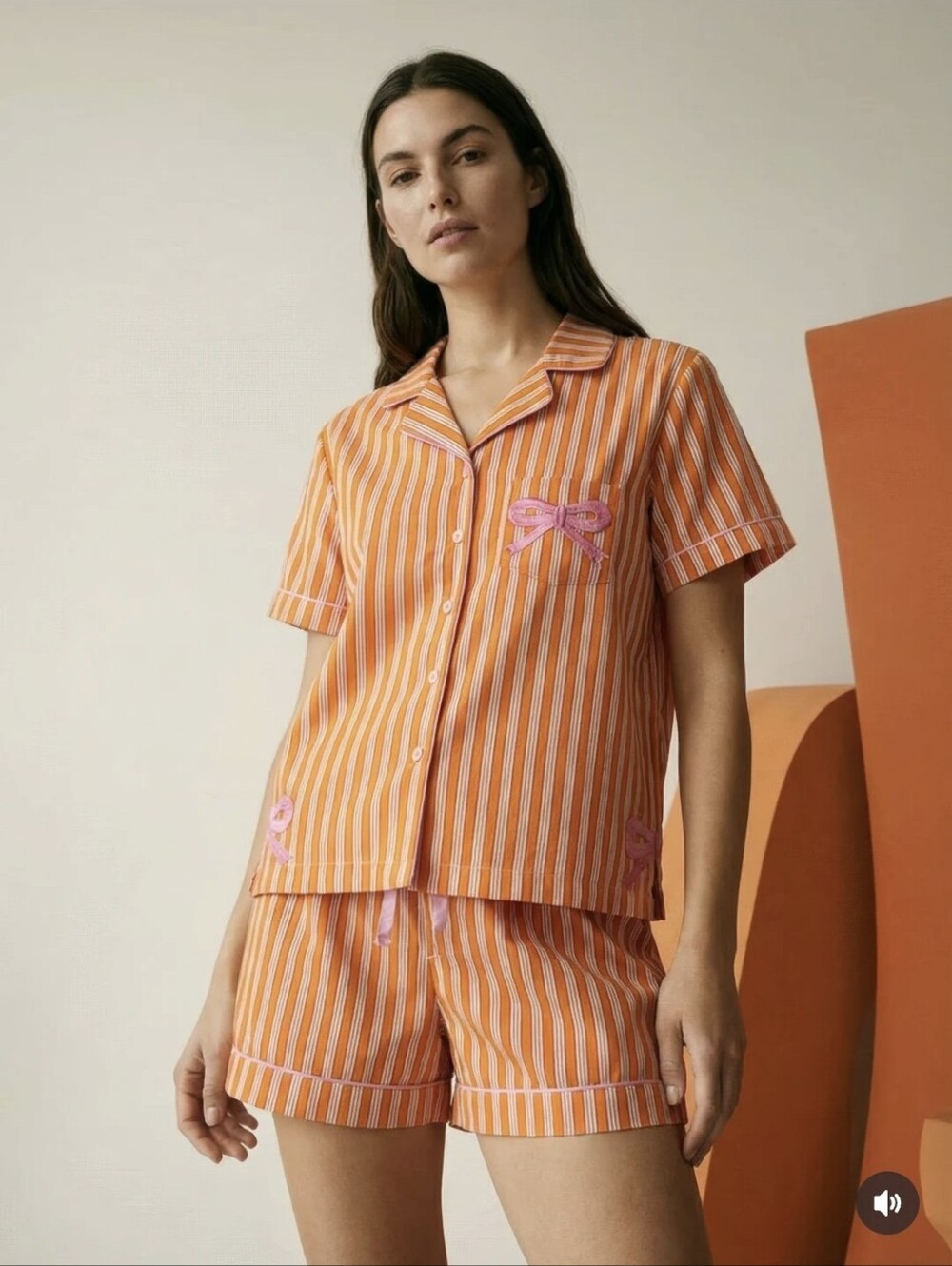 New Haute Dreamz Sunset Ribbon Stripe Notch Collar 100% Cotton Pajama Shorts Set